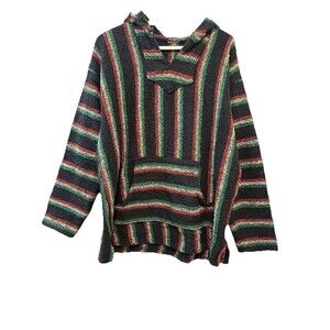 Vintage Baja Hoodie Black Rasta Stripe Woven Pullover Kangaroo Pocket L/XL
